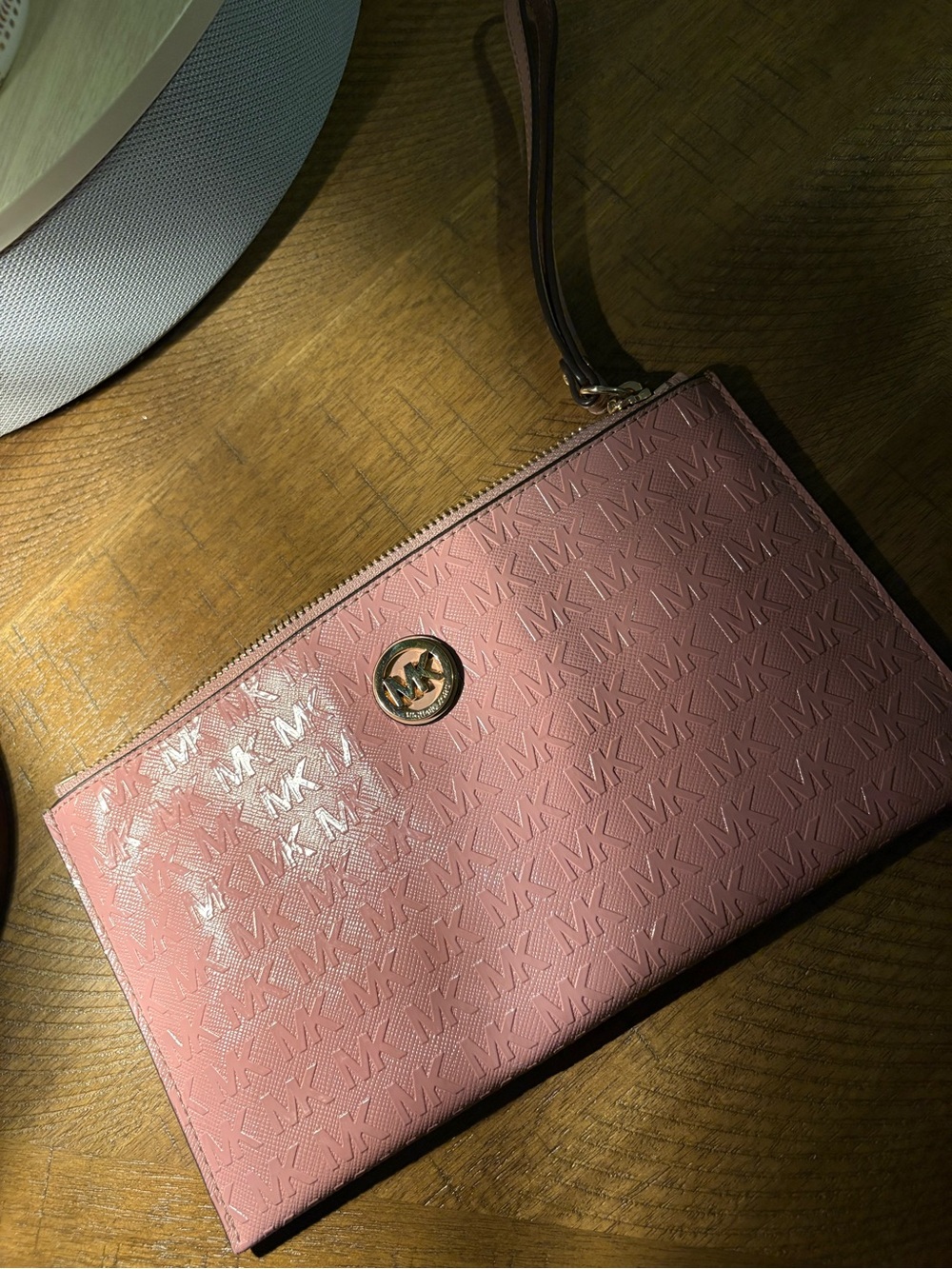 Michael Kors Pink Embossed MK Wristlet Clutch with Gold Logo